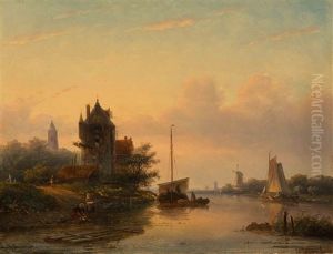 Riverview With Boats And Two Washerwomen by Jan Jacob Spohler