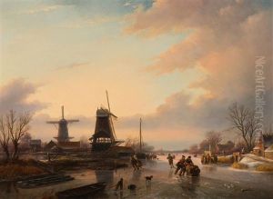 Merriment By The Mill With Skaters With A Kicksledge And A 'koek-en-zopie-tent' With The City Of Dordrecht In The Background