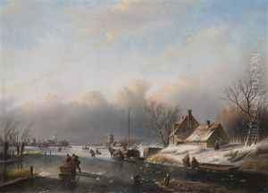 Skaters On The Ice In A Winter Landscape by Jan Jacob Spohler