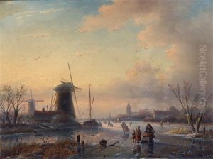 Skating On The Frozen River Near A Windmill by Jan Jacob Coenraad Spohler
