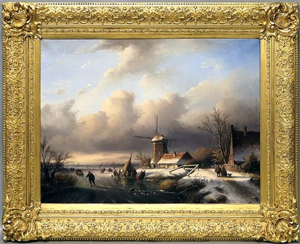 Winterlandschaft Mit Eislaufern Und Windmuhle - view 1