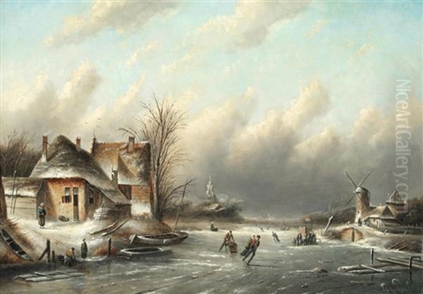 Dutch Winter Scene With Figures Skating On The Ice - view 1