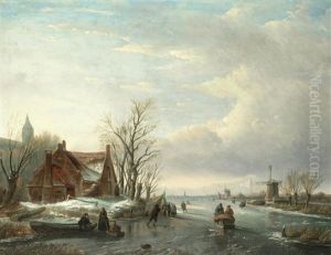 Dutch Skaters On A Frozen River by Jan Jacob Coenraad Spohler