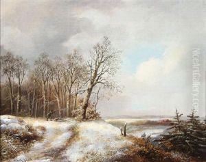 Hunter With Dog In Winter Landscape by Jan Jacob Coenraad Spohler