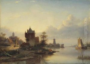 A River Landscape In Summer With A Ferry
