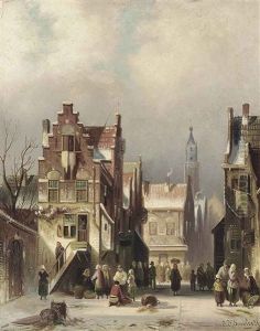 A Busy Street In Amsterdam by Johannes Franciscus Spohler