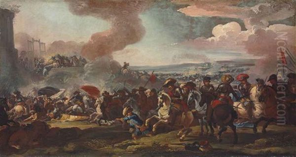 A Regiment Preparing The Siege Of A Fortified Town In The Distance - view 1