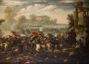 A Cavalry Skirmish Between Turks And Europeans With A Fortified Town...(+ A Cavalry Skirmish Between Turks And Europeans With A Harbour Beyond; Pair) by Ilario Spolverini