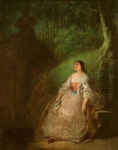Lesende Junge Frau Auf Steinerner Bank Vor Waldlichtung by Philipp Sporrer
