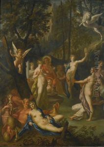 Apollo And The Muses On Mount Parnassus by Bartholomaeus Spranger