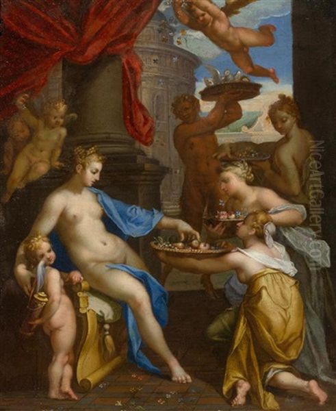 Venus Wird Von Nymphen Verehrt; Sie Bringen Ihr Blumen, Fruchte Und Weisse Tauben - view 1