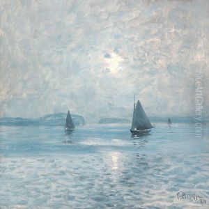 Seascape With Sailing Boats In The Moonlight by Carl Brandt
