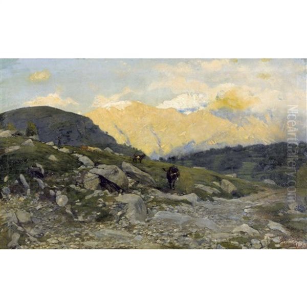 Abendstimmung Auf Der Alp Mit Weidenden Kuhen - view 1