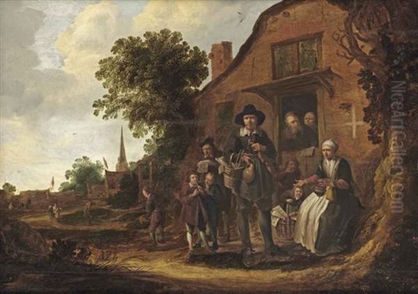 A Music Merchant Surrounded By A Group Of Villagers In Front Of A Farm House - view 1