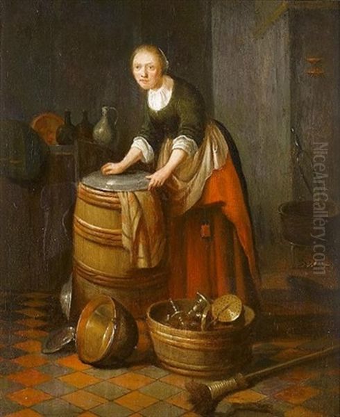 A Kitchen Interior With A Young Woman Polishing Brass - view 1