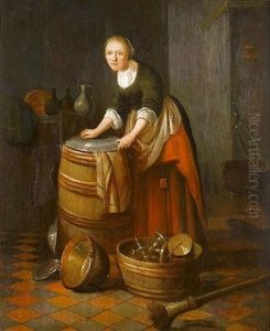A Kitchen Interior With A Young Woman Polishing Brass by Jacob van Spreeuwen