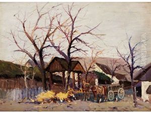 Pferdekarren In Einem Bauerndorf Unter Kahlen Baumen by Wilhelm Sprenger