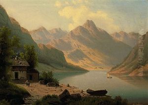 Hochgebirgssee Mit Figurenstaffage Und Beleuchtetem Gebirgspanorama