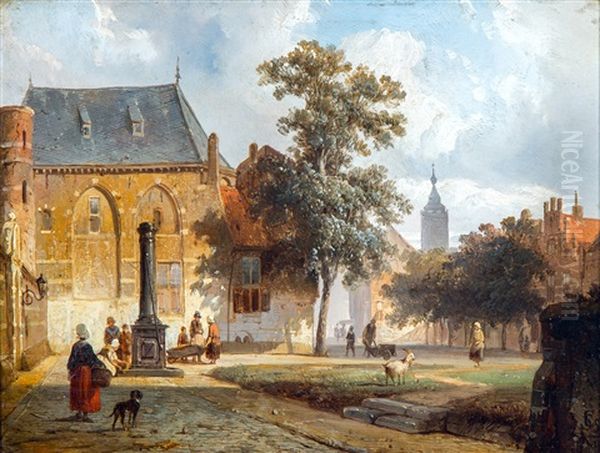 Figures Conversing In A Dutch Town On A Sunny Day - view 1