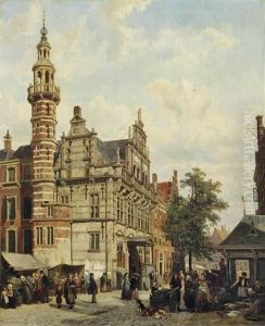 L'hotel De Ville De La Haye: A Market Day Near The City Hall, The Hague by Cornelis Springer