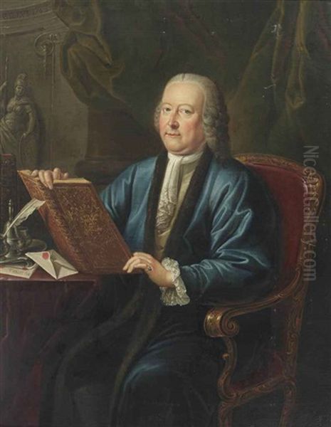 Portrait Of Johan Anthonie Van Kinschot (1708-1766), Alderman Of The City Of Delft, Three-quarter-length, In A Blue Robe And A White Chemise, Seated At A Desk With Writing Materials, Holding A Book Embossed With His Coat Of Ar - view 1