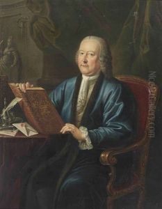 Portrait Of Johan Anthonie Van Kinschot (1708-1766), Alderman Of The City Of Delft, Three-quarter-length, In A Blue Robe And A White Chemise, Seated At A Desk With Writing Materials, Holding A Book Embossed With His Coat Of Ar Portrait Of Johan Anthonie Van Kinschot (1708-1766), Alderman Of The City Of Delft, Three-quarter-length, In A Blue Robe And A White Chemise, Seated At A Desk With Writing Materials, Holding A Book Embossed With His Coat Of Ar