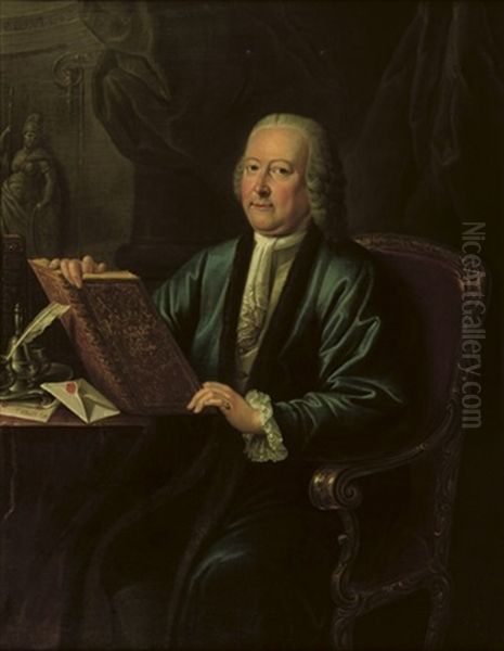 Portrait Of A Gentleman In A Blue Robe And A White Chemise, Seated At A Desk, A Statue Of Minerva Beyond - view 1