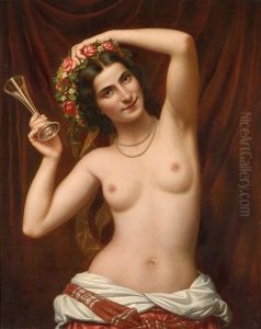 Nackte Schonheit Mit Blumenkranz Und Sektglas