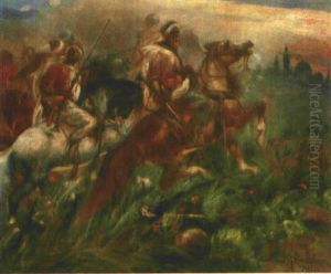 Wild Reitende, Bewaffnete Beduinen, Am Horizont Die Silhouette Einer Orientalischen Stadt by Heinrich Maria Staackmann