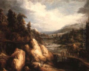 A Rocky River Landscape With A Bridge And Figures A Rocky River Landscape With A Bridge And Figures