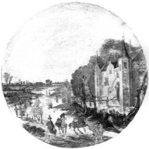 Elegant Figures And Horsemen On A Country Road Before A Castle