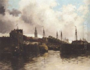 Hay Barges In Harbour by Louis van Staaten