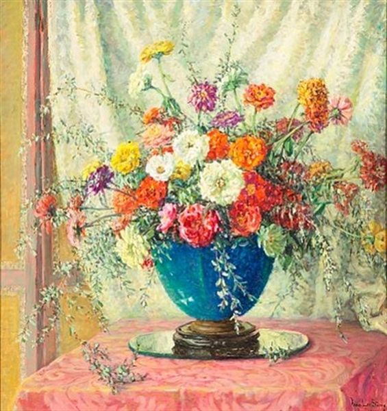 Zinnias In A Blue Vase - view 1