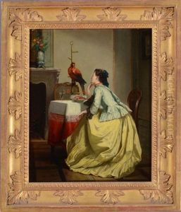 Admiring Her Pet Parrot by Adolphe Stache