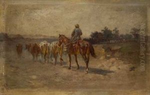 Berittener Hirte Mit Rindern Auf Dem Heimweg Berittener Hirte Mit Rindern Auf Dem Heimweg