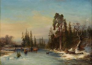 Skridskoakande Barn Och Sladekipage Pa Frusen Tjarn
