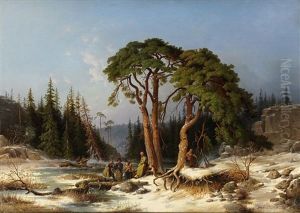 Nordiskt Vinterstycke: Granskog Med Ett Tillfruset Trask