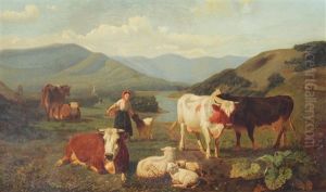 Panoramic Country Landscape With Farm Girl, Cattle & Sheep by Willem Tjarda Van Starkenborgh Stackouwer