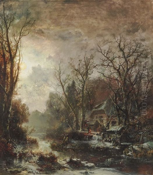 Wintry Forest Landscape With Homecoming Hunters - view 1