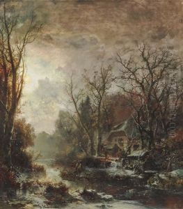 Wintry Forest Landscape With Homecoming Hunters