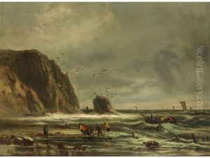Kustenlandschaft Mit Anlandenden Fischern by Adolf Stademann