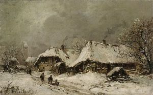Verschneites Dorf Mit Spielenden Kindern