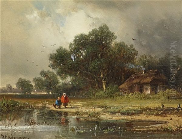 Children With Dog At The Village Pond - view 1