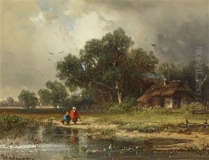 Children With Dog At The Village Pond by Adolf Stademann