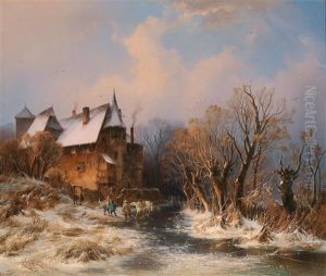 River Landscape In Winter With House And Decorative Figures by Adolf Stademann