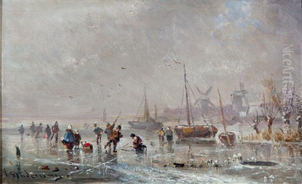 Ice View With Skaters Near A Dutch Villlage - view 1