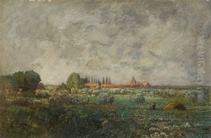 Wolkenverhangener Himmel Uber Weiter Landschaft, Am Horizont Die Silhouette Eines Dorfes by Toni von Stadler