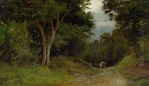 Waldlandschaft Mit Einem Fuhrwerk Im Hintergrund by Adolf (Johann) Staebli