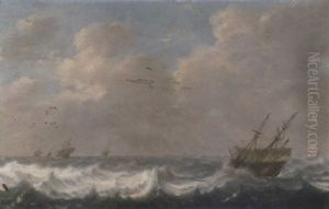 Dutch Men O'war In Stormy Waters by Hendrick Jacobsz Staets