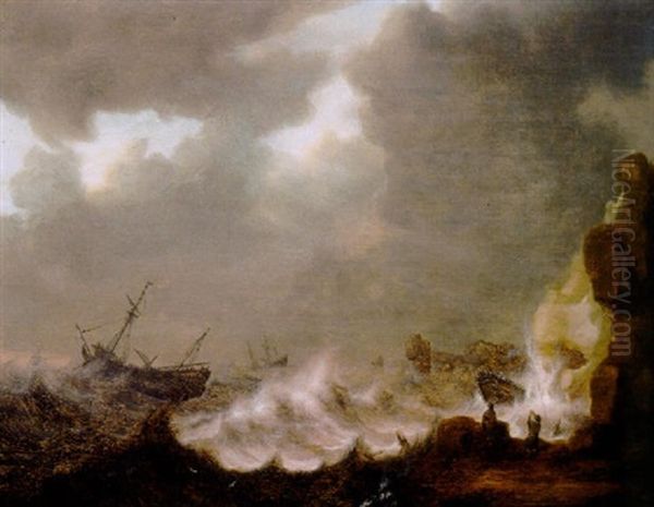A Gale: Threemasters Foundering Off A Rocky Coast With Castaways - view 1